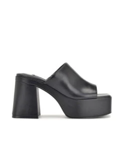 Nine West Zuecos Negros Con Tacón Alto Cuadrado Mujer